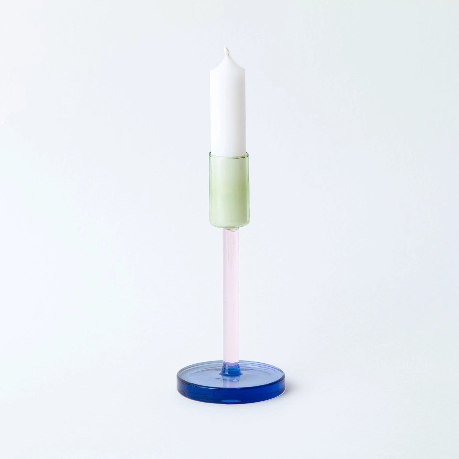 Tall Glass Candlestick in Pink & Green